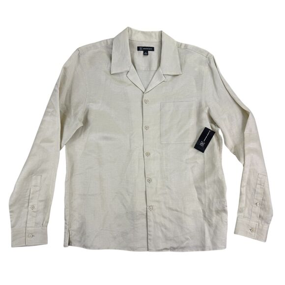 INC Mens Kylo Linen Blend Regular Fit Camp Button Down Shirt Tan Brown M - Picture 1 of 4